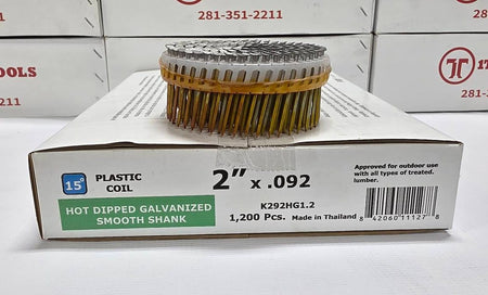 A box of ITOPTOOLS plastic coil pins, specifically 2" x .092 hot dipped galvanized smooth shank pins, with a single coil of pins displayed on top of the packaging.