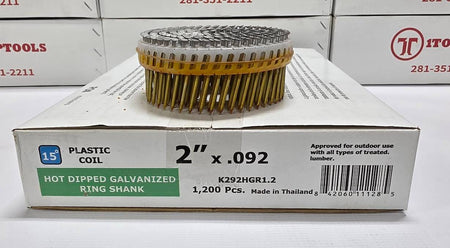 A hot-dipped galvanized ring shank plastic coil by Itoptools, shown in its original white packaging box with a single coil mounted on a display stand above it.