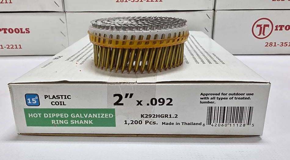 A hot-dipped galvanized ring shank plastic coil by Itoptools, shown in its original white packaging box with a single coil mounted on a display stand above it.