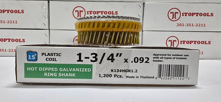 A box of 1-3/4 x .092 inch plastic coil hot dipped galvanized ring shanks by I5, with a gold-colored coil coil resting on top of the box, set against a background of white 1TOPOOLS boxes.