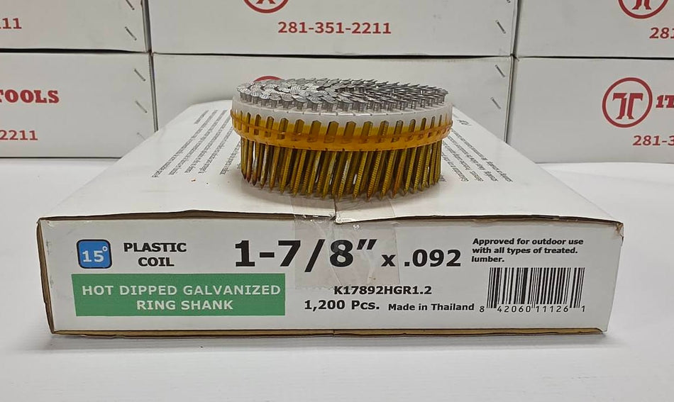 A 1-7/8" x .092 inch plastic oil filter with a gold-colored ring shank, displayed on top of its white packaging box.