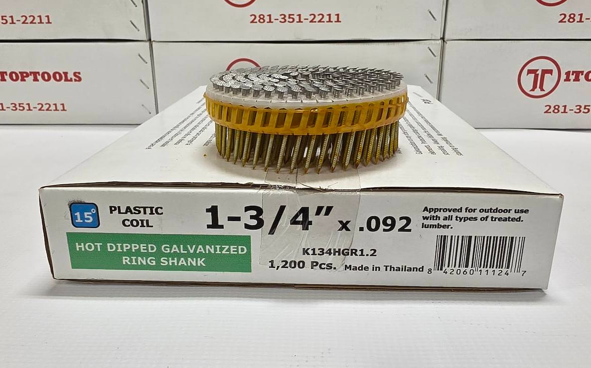 A box of ItoTools 1-3/4 x .092 hot dipped galvanized ring shanks in plastic coil, with a sample of the metal ring shanks stacked on top of the box.