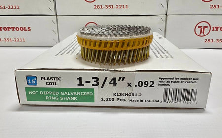 A box of ItoTools 1-3/4 x .092 hot dipped galvanized ring shanks in plastic coil, with a sample of the metal ring shanks stacked on top of the box.