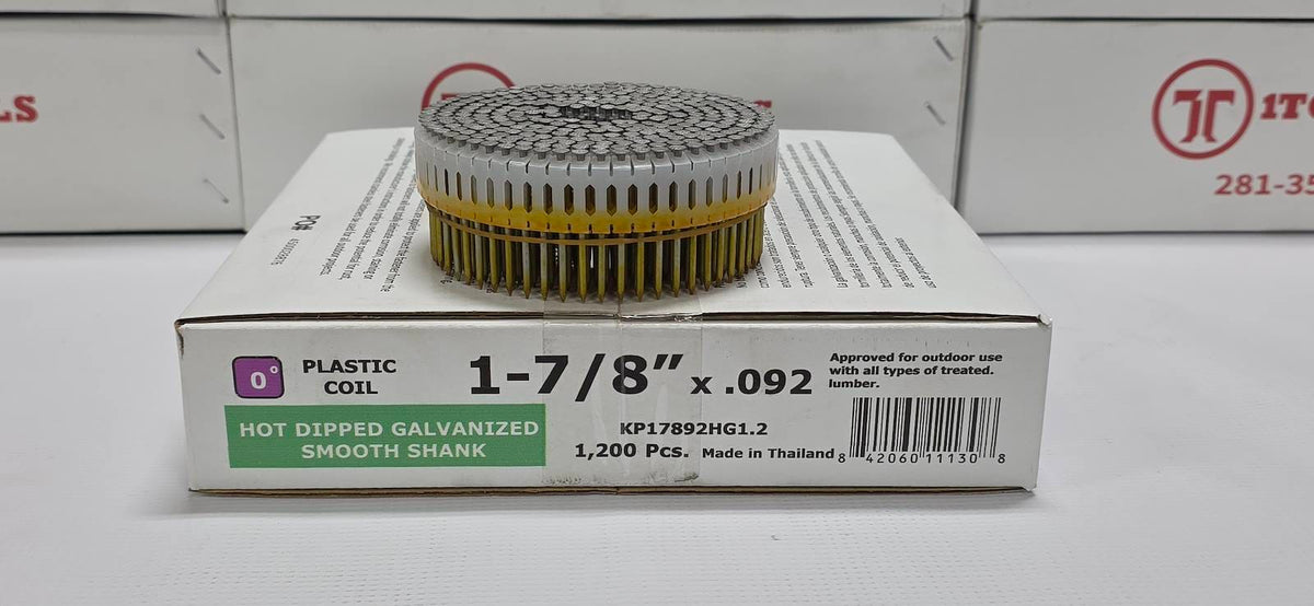 A roll of hot-dipped galvanized smooth shank plastic coils, 1-7/8 x .092 inches, displayed on top of its white packaging box.
