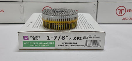 A roll of hot-dipped galvanized smooth shank plastic coils, 1-7/8 x .092 inches, displayed on top of its white packaging box.