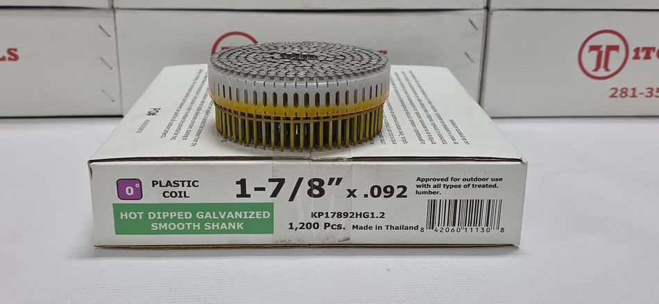 A roll of hot-dipped galvanized smooth shank plastic coils, 1-7/8 x .092 inches, displayed on top of its white packaging box.