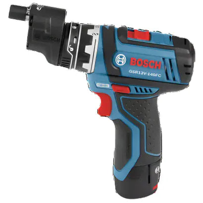 The image shows a blue and black Bosch GSR 12V-140FC cordless drill/driver with a black offset angle adapter attached to the front. The drill has red accents and a battery pack at the base, with the Bosch logo and model number clearly visible on its side.