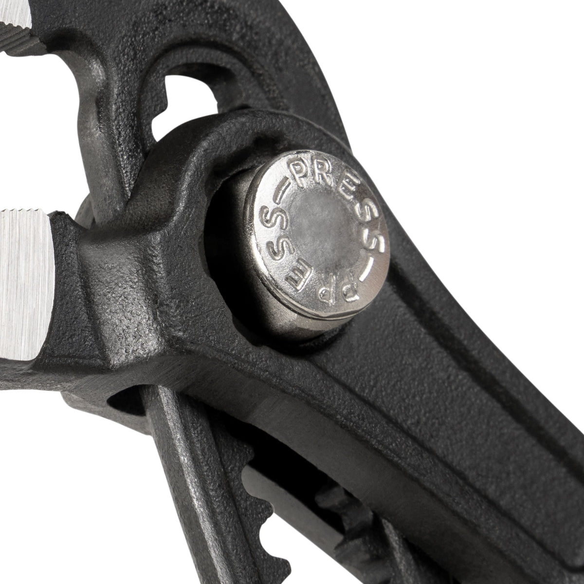 Close-up of a black multi-tool with a metallic component on a white background