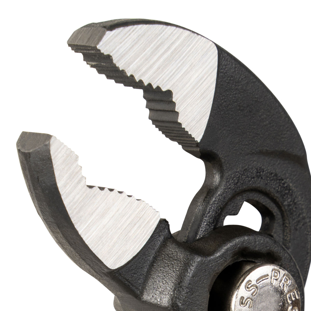 Close-up of a black and silver wire cutter on a white background