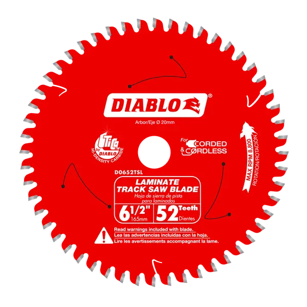 A red circular saw blade with silver teeth, featuring the brand name 'DIABLO' in white on the front, set against a plain white background.