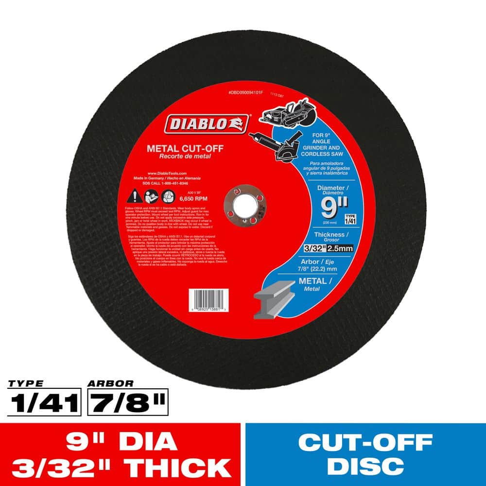 Diablo 9-inch by 3/32-inch Type 1 metal cut-off wheel, showing the label with key specifications: 7/8 inch arbor, 6,650 maximum RPM, and compatibility with portable grinders and cordless saws