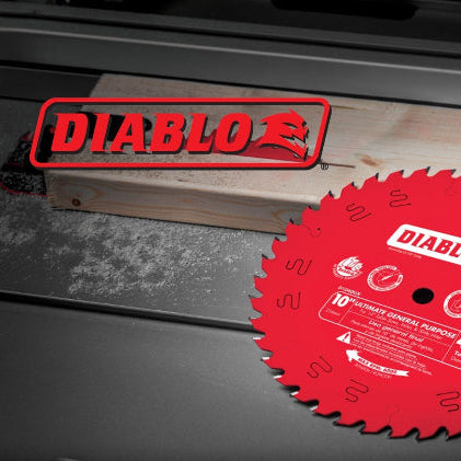 Red Diablo circular saw blade on a table saw with the Diablo logo.