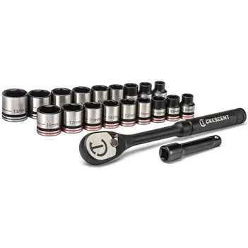 A 20-piece Crescent mechanics drive set arranged on a clean white background, characterized by a modern dual-tone styling of matte black manganese phosphate and brushed metal