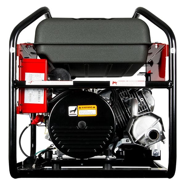 Dyna Professional DP7500 portable generator with a black metal frame. generator features a red panel with black text displaying the brand name 'DYNA' and model 'DP7500.' engine, visible on the right side, is silver with black and metallic components, including exhaust pipes and a cooling system. The left side has a black alternator with a warning label. The top of the generator is covered by a large, dark-colored fuel tank. The sturdy frame encases the generator, designed for durability and portability.