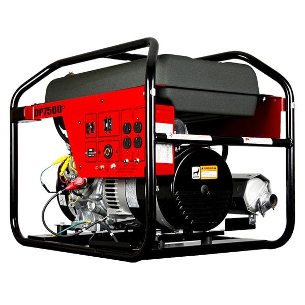 Dyna Professional DP7500 portable generator with a black metal frame. generator features a red panel with black text displaying the brand name 'DYNA' and model 'DP7500.' engine, visible on the right side, is silver with black and metallic components, including exhaust pipes and a cooling system. The left side has a black alternator with a warning label. The top of the generator is covered by a large, dark-colored fuel tank. The sturdy frame encases the generator, designed for durability and portability.