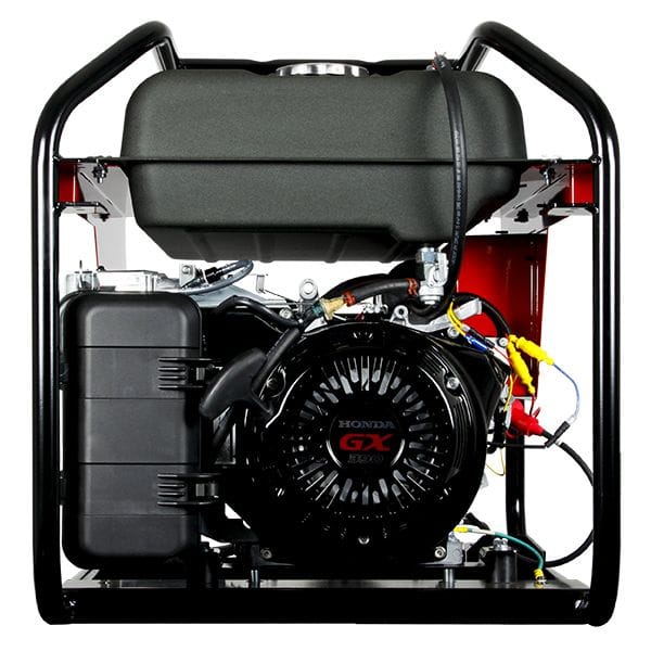 Dyna Professional DP7500 portable generator with a black metal frame. generator features a red panel with black text displaying the brand name 'DYNA' and model 'DP7500.' engine, visible on the right side, is silver with black and metallic components, including exhaust pipes and a cooling system. The left side has a black alternator with a warning label. The top of the generator is covered by a large, dark-colored fuel tank. The sturdy frame encases the generator, designed for durability and portability.