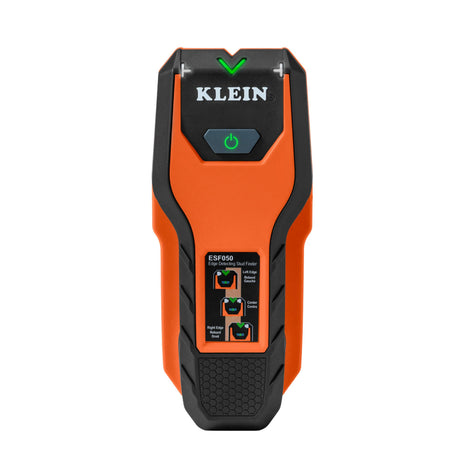 Klein Tools ESF050 orange and black edge detecting stud finder with green indicator arrow, power button, and edge diagrams