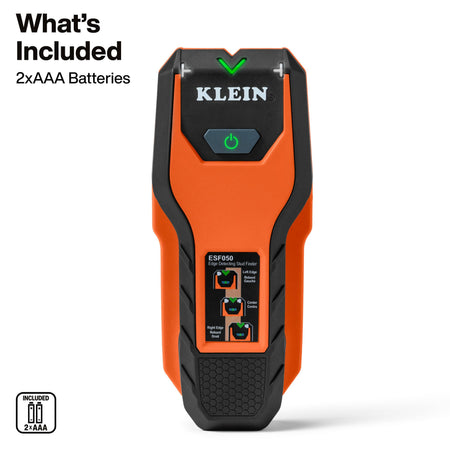 Klein Tools ESF050 orange and black stud finder with callout and icon showing 2 AAA batteries included