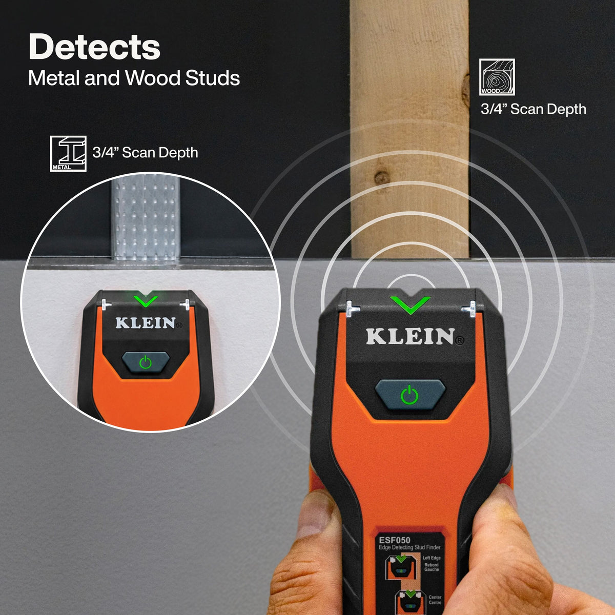 Klein Tools ESF050 stud finder detecting wood and metal studs, with callouts showing 3/4 inch scan depth for each