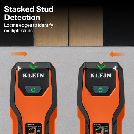 Two Klein Tools ESF050 stud finders scanning from opposite sides to find the outer edges of stacked wood studs behind a wall