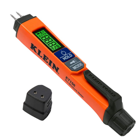 KLEIN ET150 handheld multimeter in bright orange and black, shown with its black plug adapter on a clean white background.