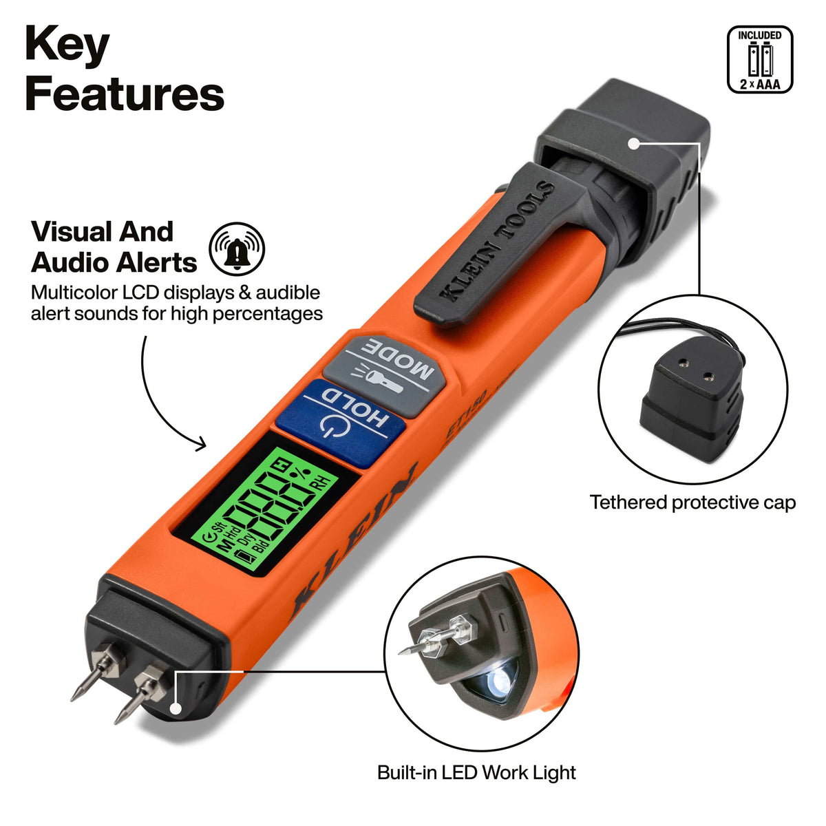 An orange and black Klein Tools multimeter tester tool with a digital LCD display, highlighted on a white background with feature callouts and circular insets showing the protective cap, built-in LED work light, and 2 USB-A ports.