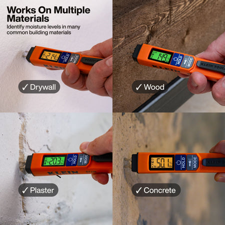 An orange and black moisture tester shown in a four-panel collage testing different building materials: drywall, wood, plaster, and concrete. The text at the top reads 'Works On Multiple Materials' and each panel has a checkmark label naming the material.