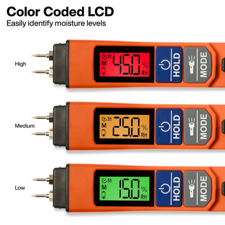 Three orange moisture meters shown vertically on a white background, labeled High, Medium, and Low. The text at the top reads 'Color Coded LCD' and 'Easily identify moisture levels.