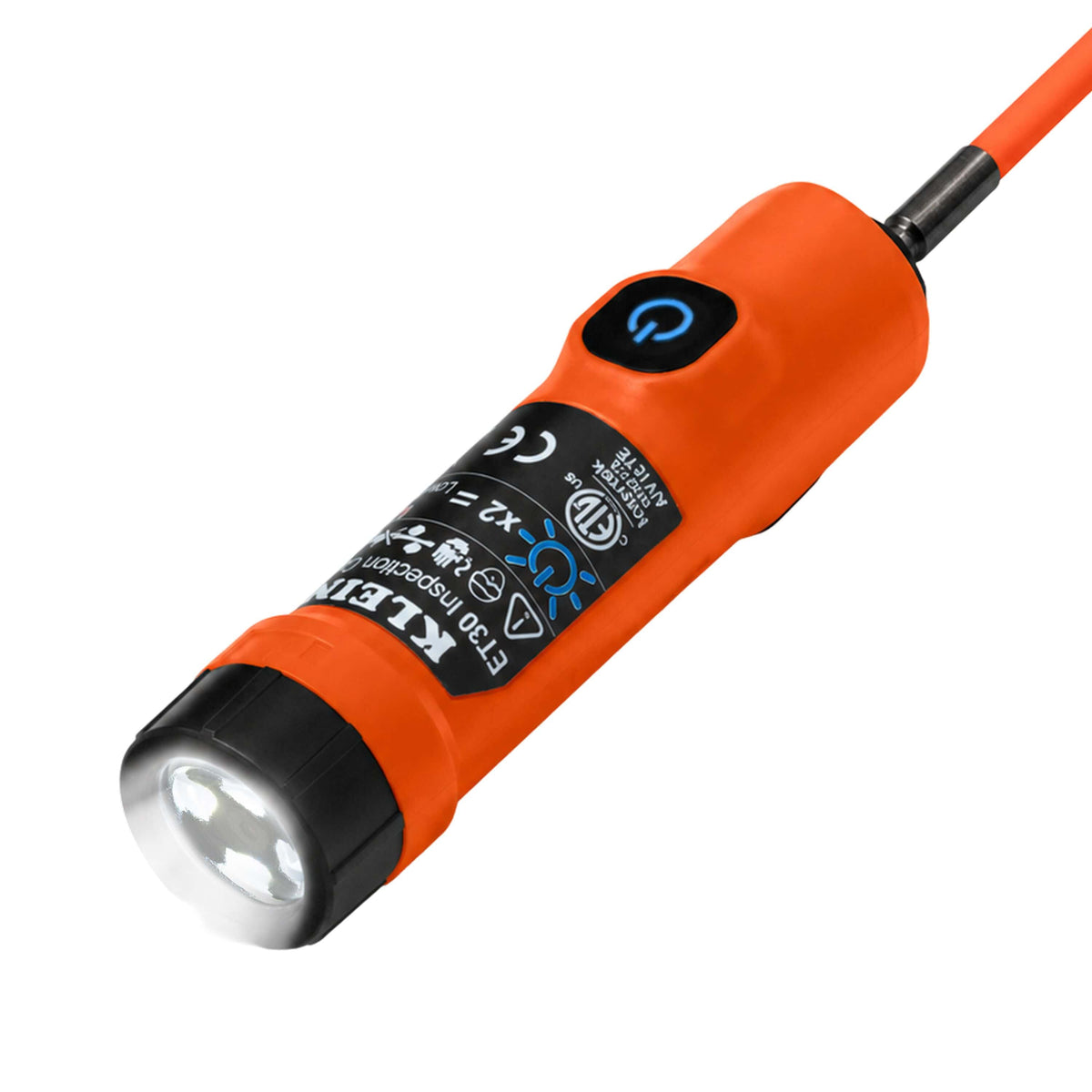 An orange KLEJ industrial flashlight with a black button and a black label containing various certification logos, shown on a plain white background.