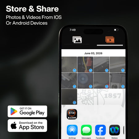 Promotional graphic for a mobile app showing a smartphone screen with photos and videos from iOS or Android devices, alongside text reading 'Store & Share' and App Store and Google Play badges on a dark background.