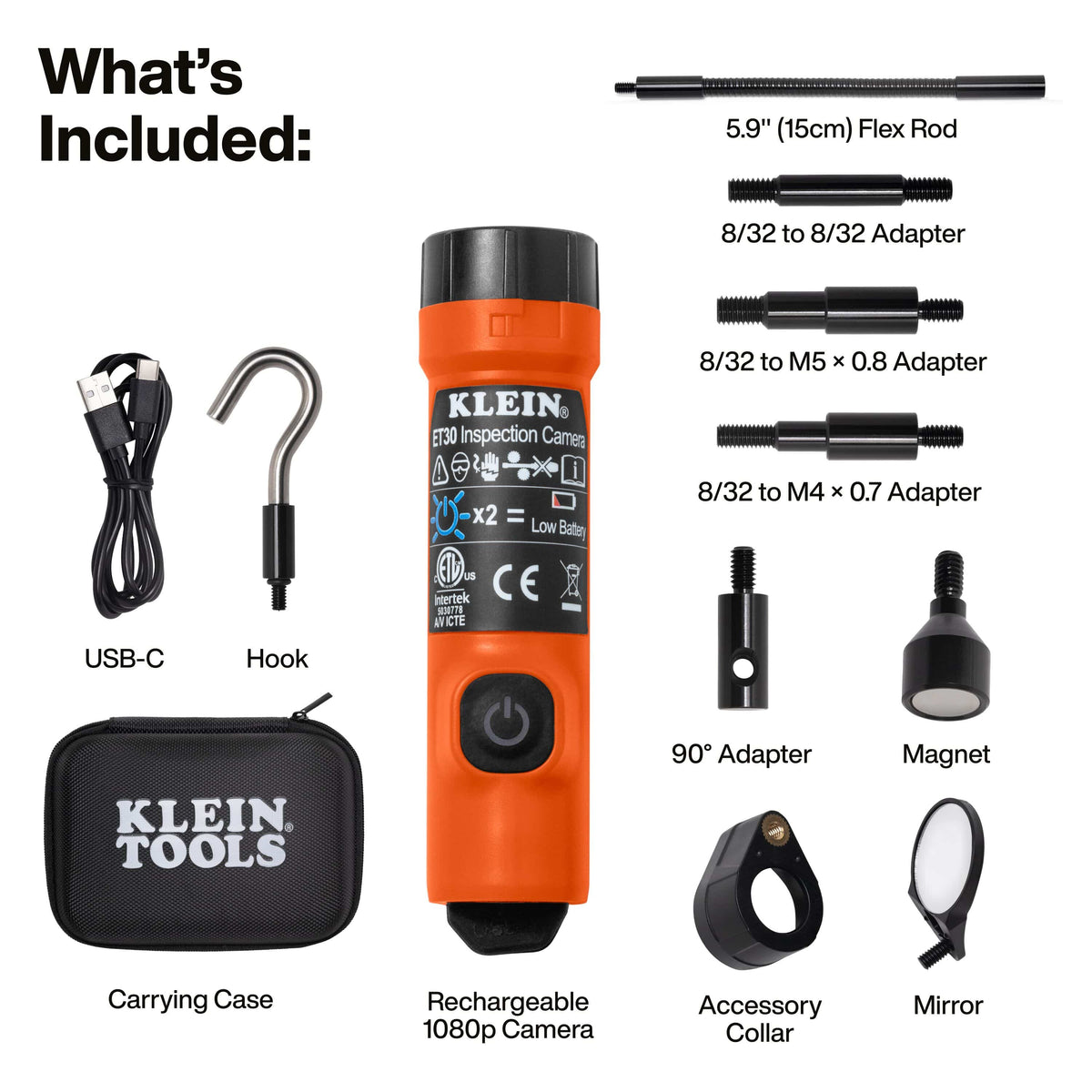 Klein 1080 inspection camera kit with orange cylindrical camera, accessories including USB-C cable, hook, carrying case, flex rod, adapters, magnet, collar, and mirror, shown on a white background with included items labeled.