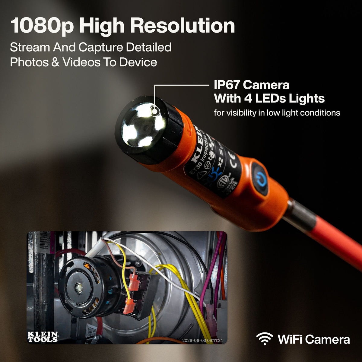 Klein Tools WiFi camera probe with an orange and black body, 4 built-in LEDs, and a red cable, shown with marketing text '1080p High Resolution', 'IP67 Camera With 4 LEDs Lights', and 'WiFi Camera' on a dark background.