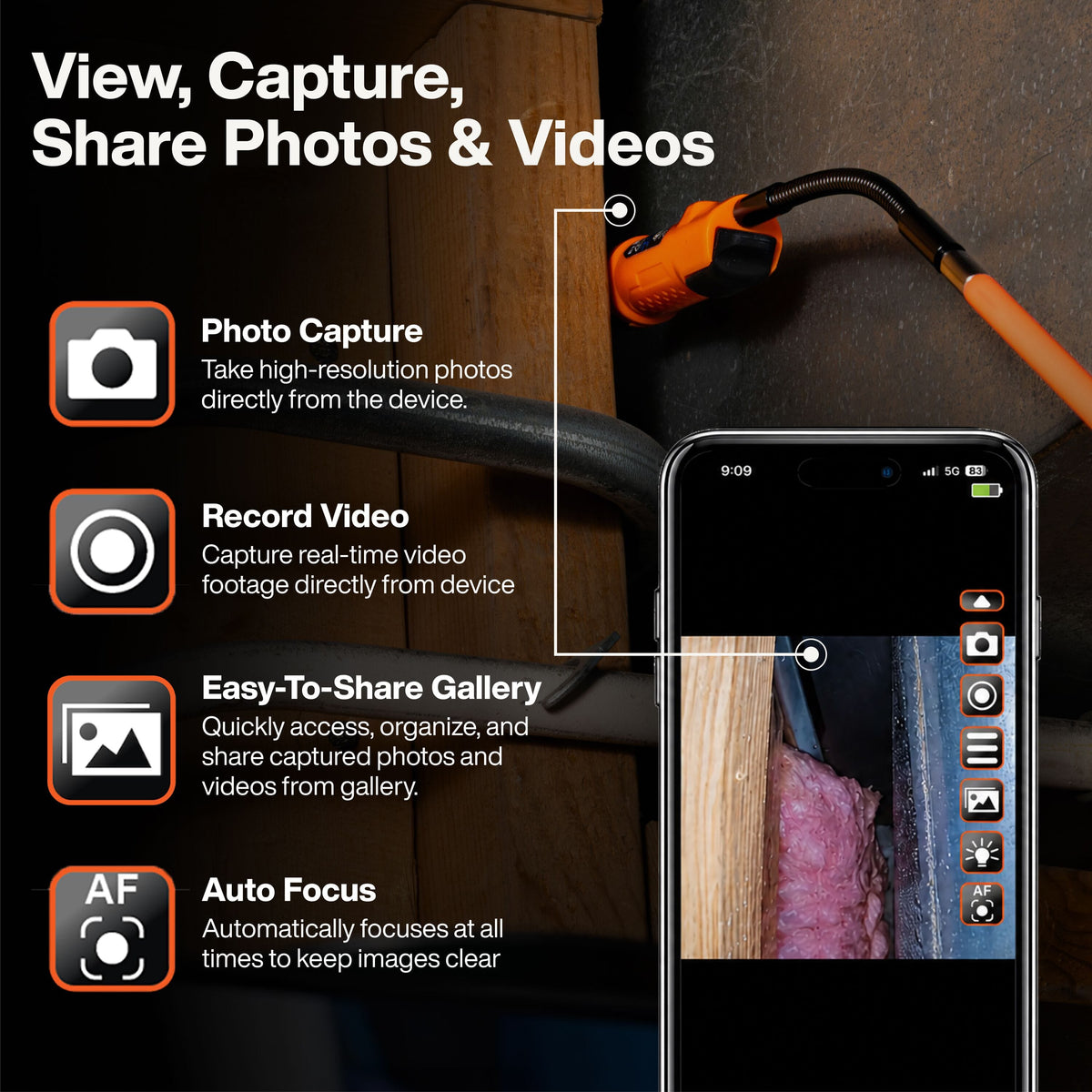 Promotional graphic for a wireless inspection camera showing a smartphone screen with a live feed of an inspection inside a wall, connected to an orange and black handheld camera. The left side features text callouts explaining features like photo capture, video recording, easy-to-share gallery, and auto focus.