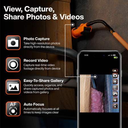 Promotional graphic for a wireless inspection camera showing a smartphone screen with a live feed of an inspection inside a wall, connected to an orange and black handheld camera. The left side features text callouts explaining features like photo capture, video recording, easy-to-share gallery, and auto focus.