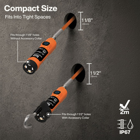An orange and black cordless hook tool shown twice on a dark textured wall, with measurement callouts for 1 1/8" and 1 1/2" wall holes and text noting compact size, fit into tight spaces, and IP67 rating.