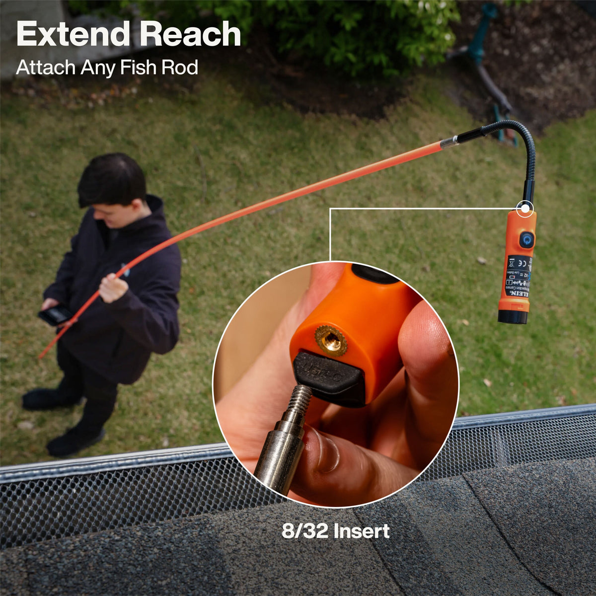 An orange and black fish finder rod extension shown in use outdoors, with a person holding the attached rod in the background and a circular inset showing the handheld unit being used. Text reads 'Extend Reach Attach Any Fish Rod' and '8/32 Insert'.