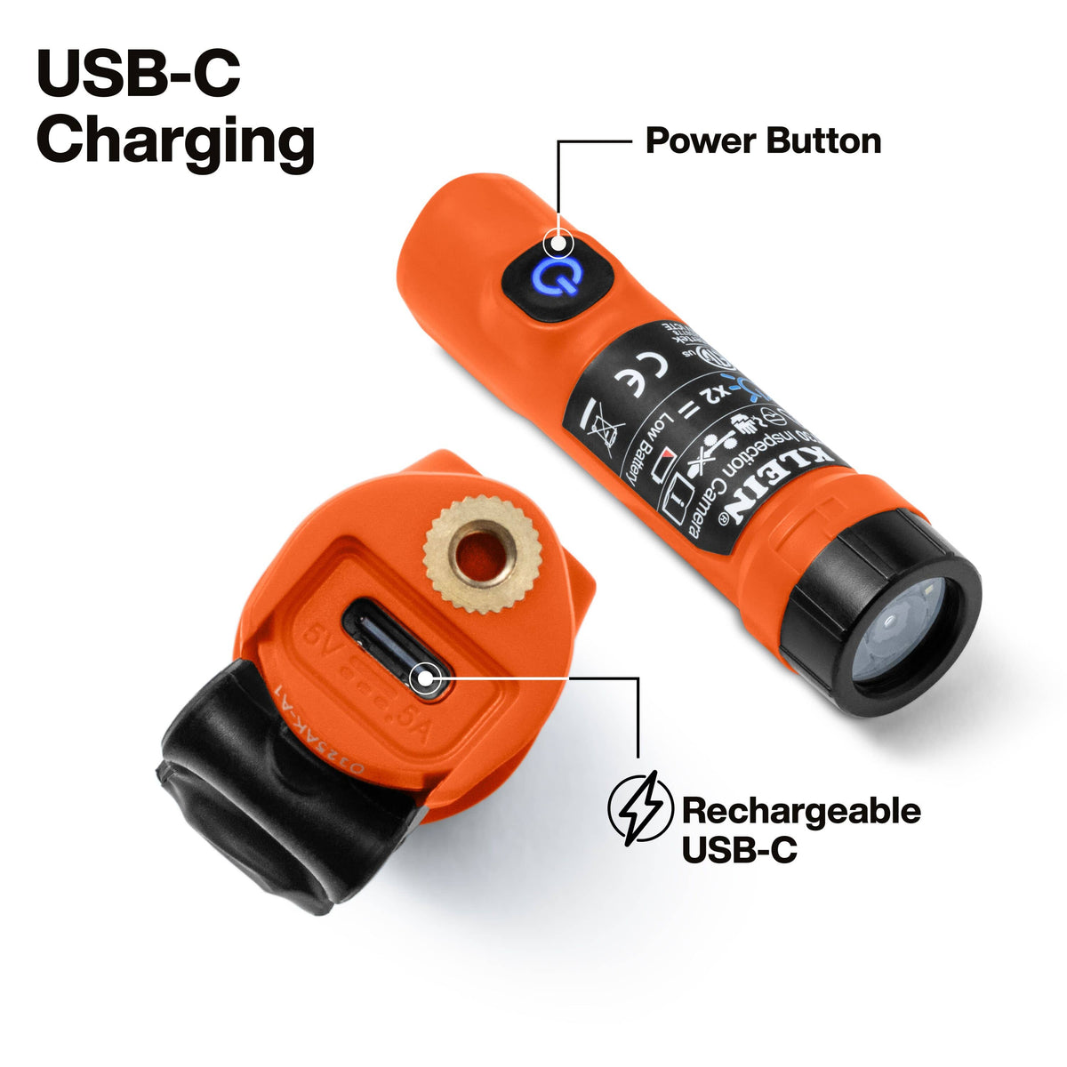 An orange and black cylindrical flashlight shown on a white background with callout labels pointing to the power button and USB-C charging port. The text 'USB-C Charging' appears in the top left, and 'Rechargeable USB-C' appears near the bottom right.