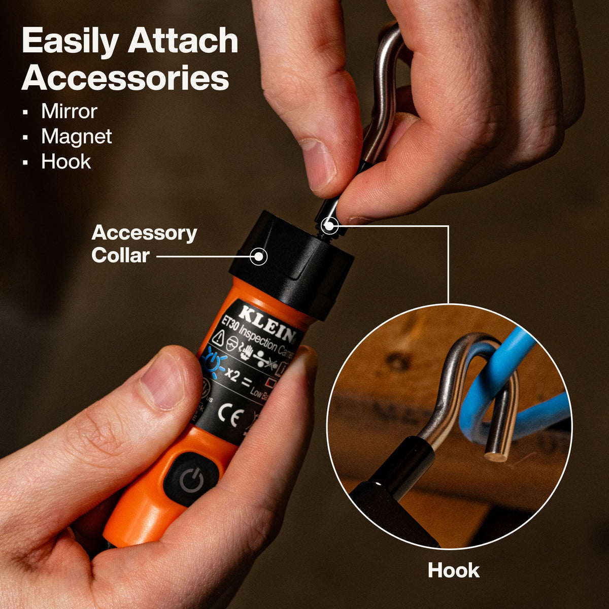 Hands demonstrating how to attach accessories to a Klein lock pick tool, including a hook and magnet, with text and an inset circle showing the attachment details.