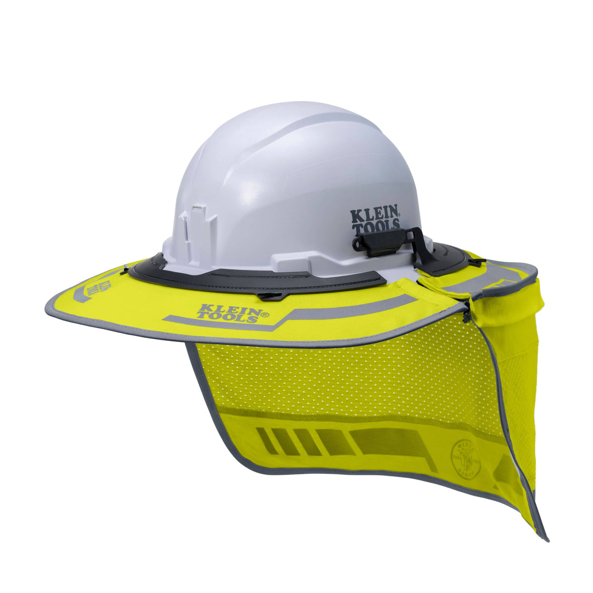 White hard hat with yellow visor and 'Klein Tools' branding on a white background
