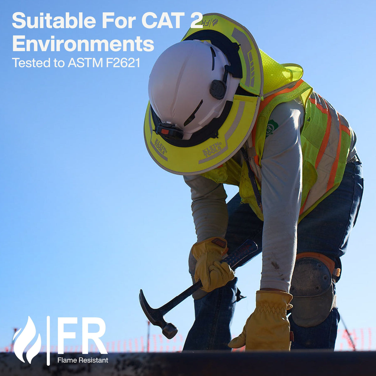Person in safety gear with text about flame resistance and testing standards