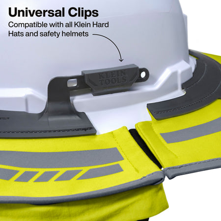 Klein Tools universal clip on a safety helmet with yellow and gray accents.