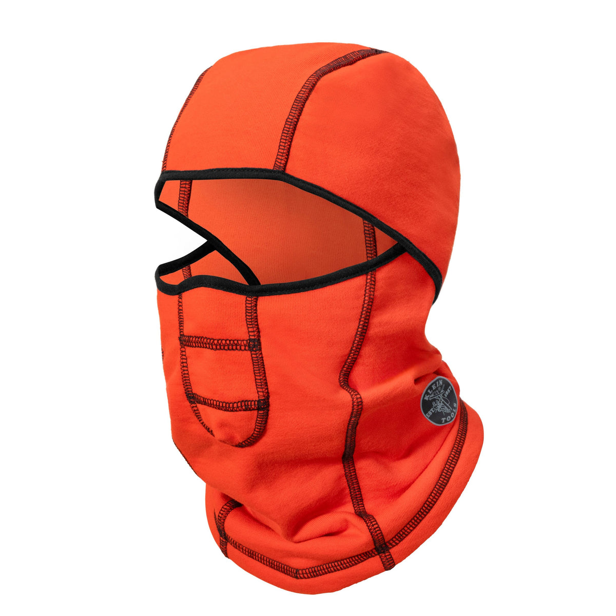 Bright orange fleece balaclava mask with black contrast stitching and a small circular brand patch on the side, shown against a plain white background.
