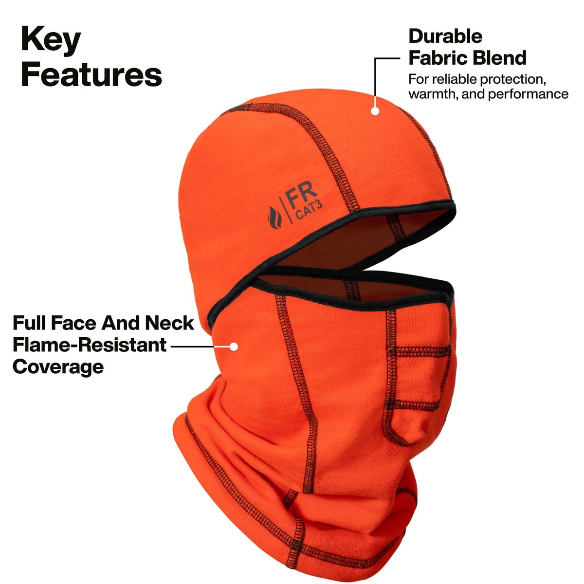 Bright orange balaclava face covering with black trim and a visible FR CATS logo, shown on a white background with feature callout text and lines pointing to durable fabric blend, full face and neck coverage, and flame-resistant protection.