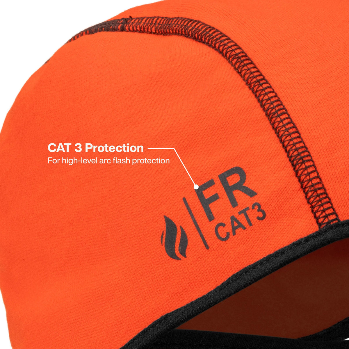 Close-up of an orange high-visibility fabric head covering with black trim and a visible FR CAT3 logo, plus overlaid text reading 'CAT 3 Protection For high-level arc flash protection'.