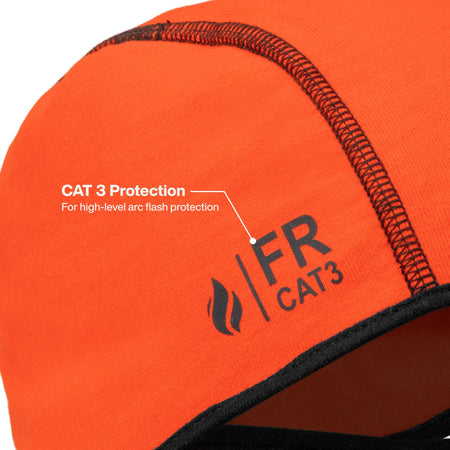 Close-up of an orange high-visibility fabric head covering with black trim and a visible FR CAT3 logo, plus overlaid text reading 'CAT 3 Protection For high-level arc flash protection'.