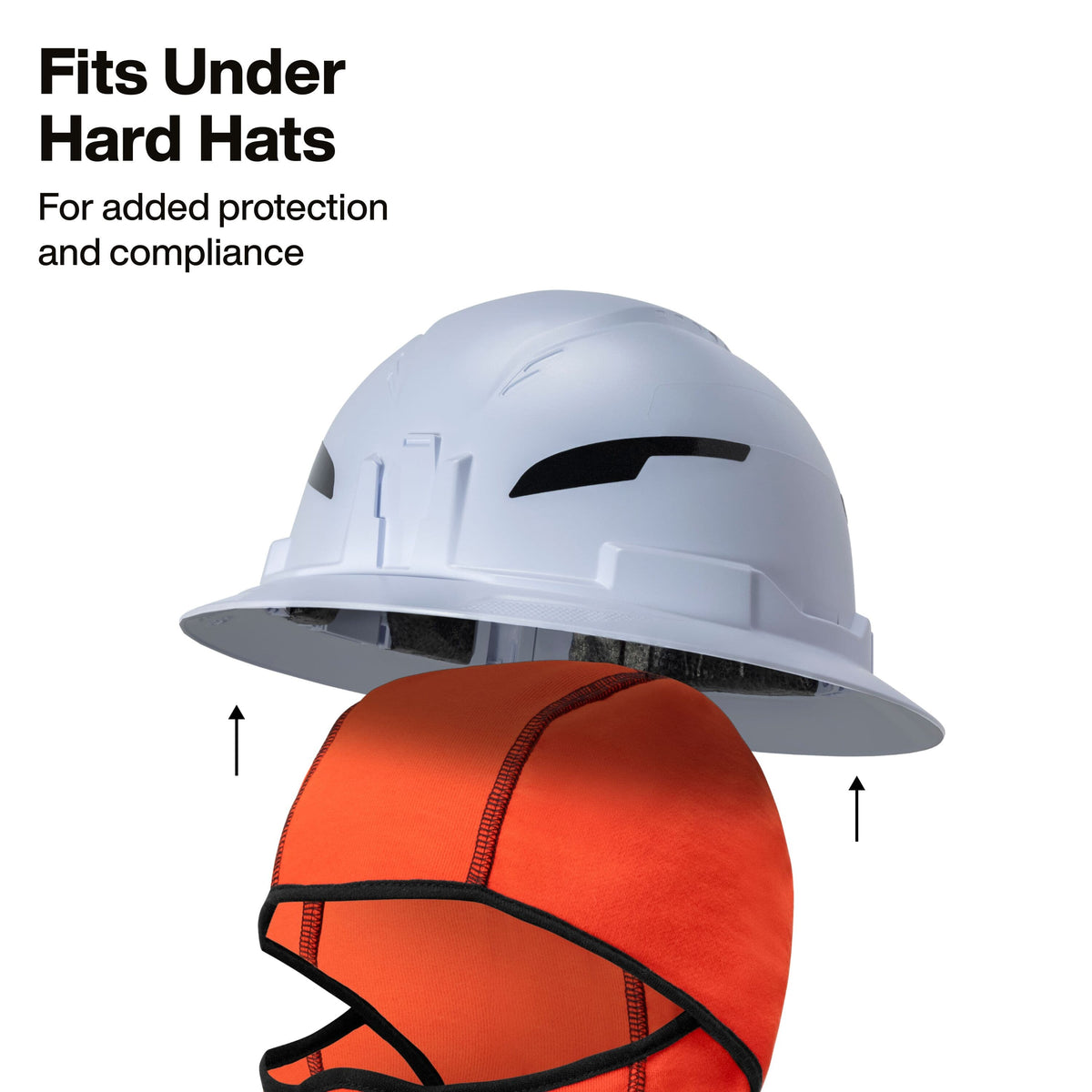 An orange high-visibility hard hat cover shown under a white hard hat, with text reading 'Fits Under Hard Hats' and arrows indicating added protection and compliance.