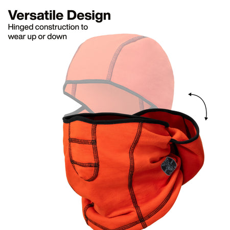 An orange hooded neck warmer face mask with black trim and contrast stitching, shown in front of a translucent peach-colored version of the same item. Text at the top reads 'Versatile Design' and 'Hinged construction to wear up or down,' with a curved arrow indicating flexibility.