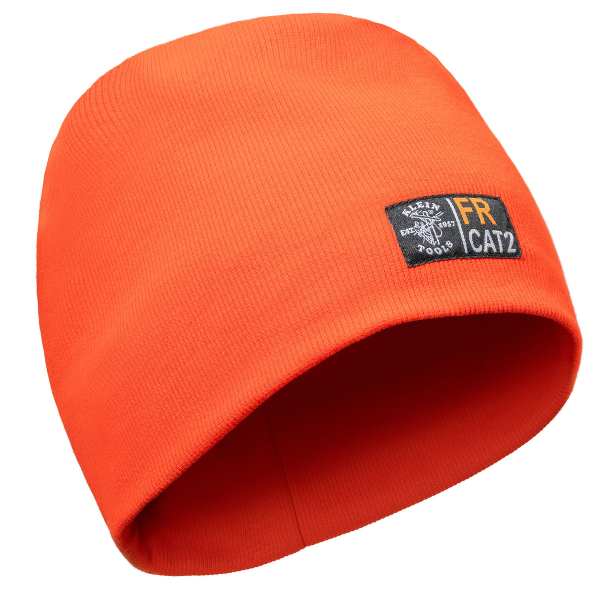 Bright orange knit beanie hat with a black rectangular patch on the side featuring the text 'FR CAT2' and a small graphic.