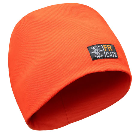 Bright orange knit beanie hat with a black rectangular patch on the side featuring the text 'FR CAT2' and a small graphic.