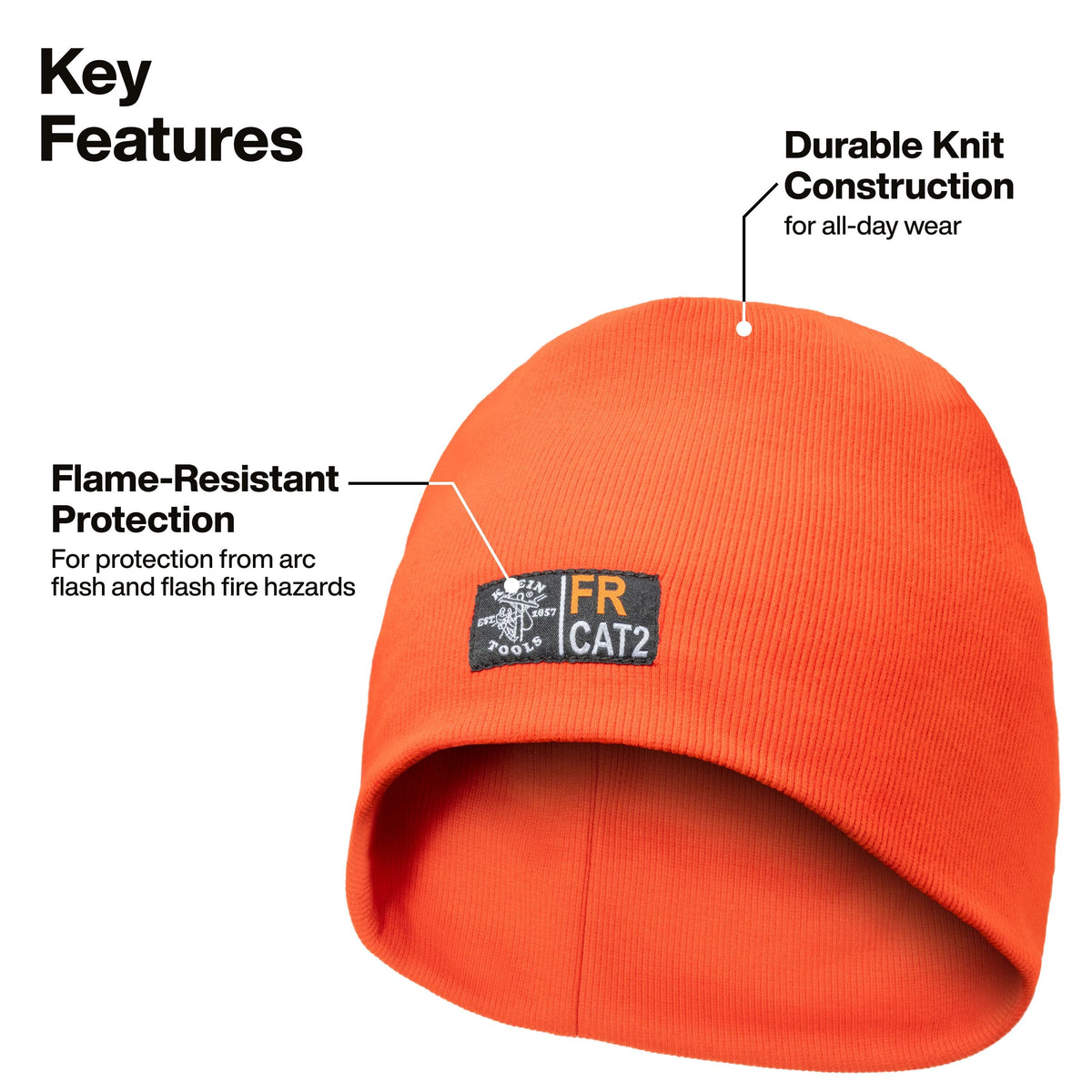 Bright orange knit beanie with a black FR CAT2 patch on the front, shown on a white background with feature callout text and lines pointing to durable knit construction and flame-resistant protection.